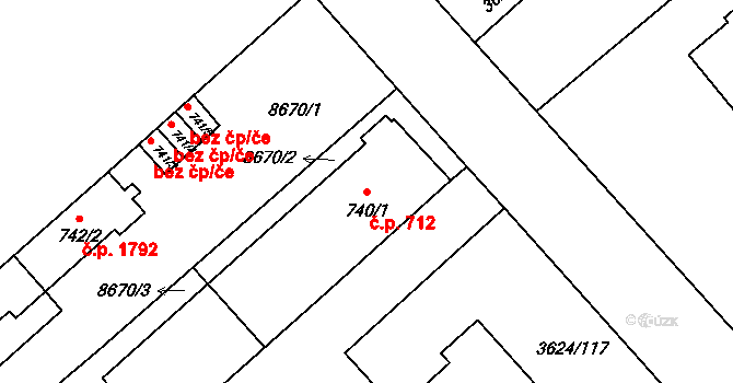 Veselí nad Moravou 712 na parcele st. 740/1 v KÚ Veselí-Předměstí, Katastrální mapa