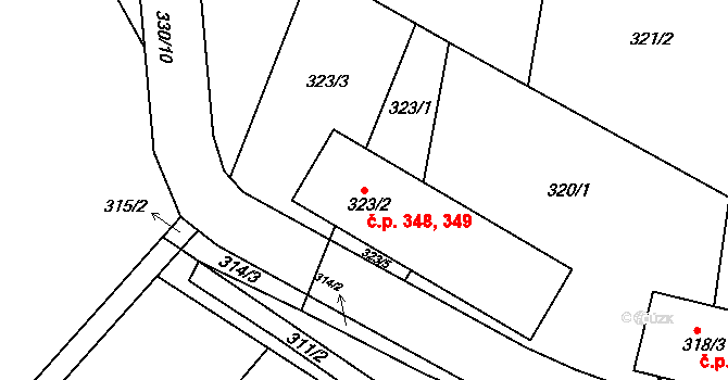 Rousínov 348,349 na parcele st. 323/2 v KÚ Rousínov u Vyškova, Katastrální mapa