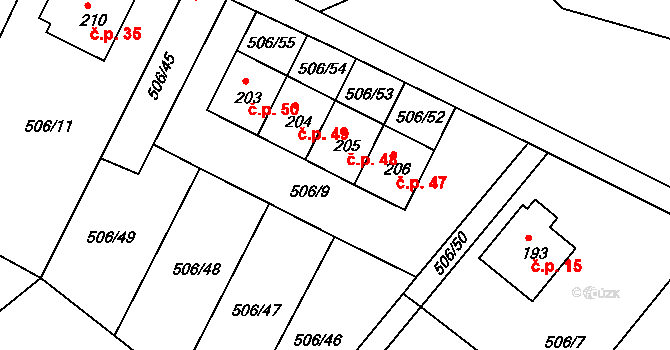 Kobyly 48 na parcele st. 205 v KÚ Kobyly, Katastrální mapa