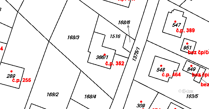 Raškovice 352 na parcele st. 366/1 v KÚ Raškovice, Katastrální mapa