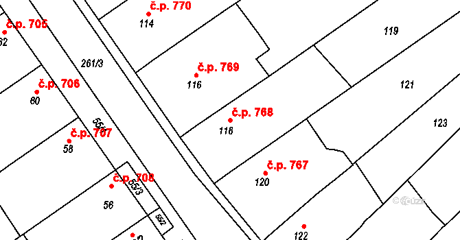 Březce 768, Štěpánov na parcele st. 118 v KÚ Březce, Katastrální mapa