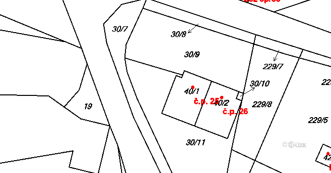 Chloumek 25, Boháňka na parcele st. 40/1 v KÚ Chloumek u Hořic, Katastrální mapa