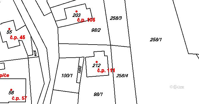Bradlecká Lhota 111 na parcele st. 212 v KÚ Bradlecká Lhota, Katastrální mapa