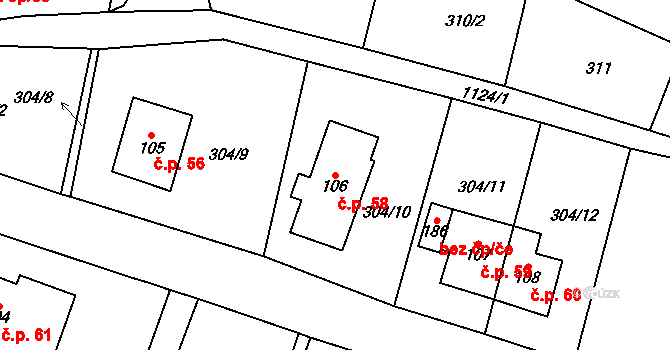 Nedvězí 58, Slaná na parcele st. 106 v KÚ Nedvězí u Semil, Katastrální mapa