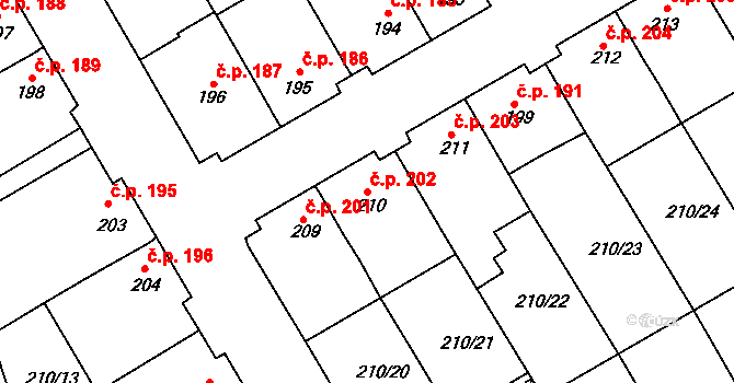 Stařeč 202 na parcele st. 210 v KÚ Stařeč, Katastrální mapa