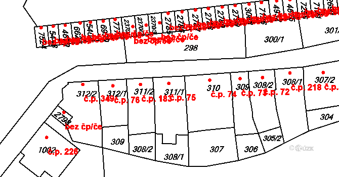 Horka-Domky 75, Třebíč na parcele st. 311/1 v KÚ Třebíč, Katastrální mapa