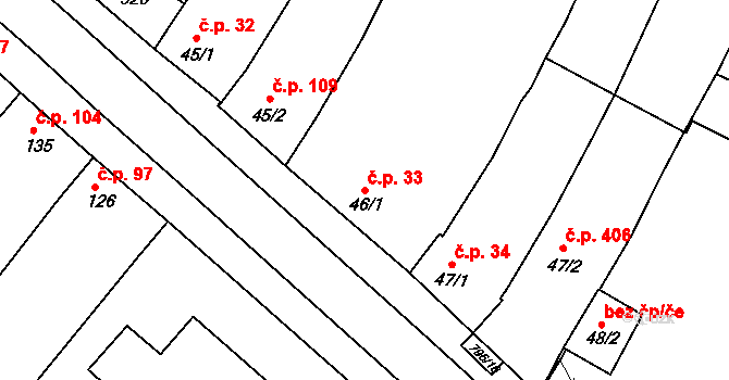 Sady 33, Uherské Hradiště na parcele st. 46/1 v KÚ Sady, Katastrální mapa