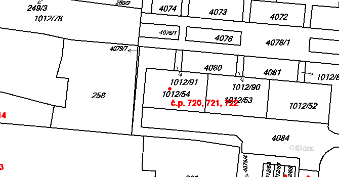 Komín 720,721,722, Brno na parcele st. 1012/52 v KÚ Komín, Katastrální mapa