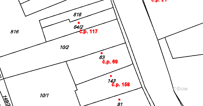 Luštěnice 69 na parcele st. 63 v KÚ Luštěnice, Katastrální mapa