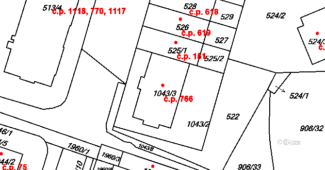 Podolí 766, Praha na parcele st. 1043/3 v KÚ Podolí, Katastrální mapa