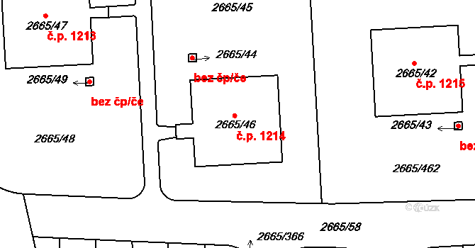 Kyje 1214, Praha na parcele st. 2665/46 v KÚ Kyje, Katastrální mapa
