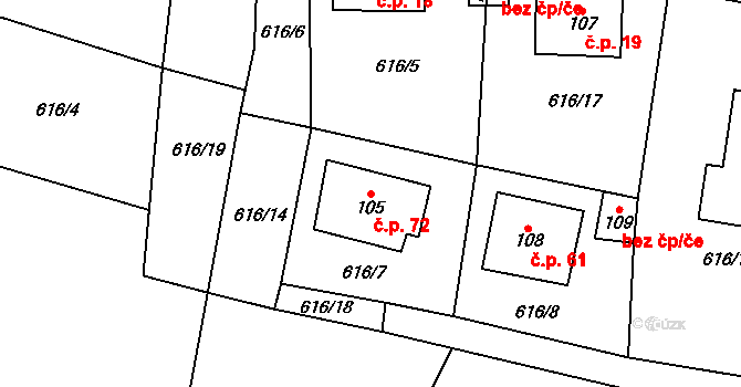 Čečelovice 72 na parcele st. 105 v KÚ Čečelovice, Katastrální mapa