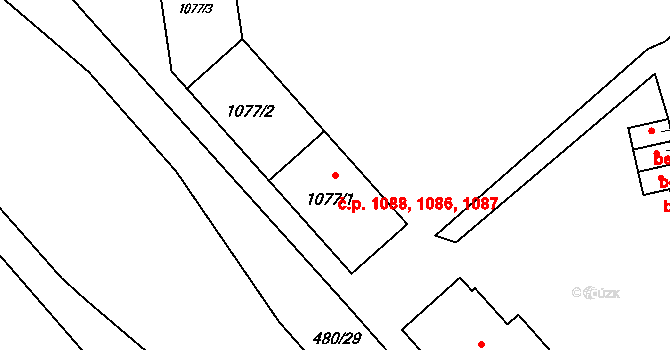 Nová Ulice 1086,1087,1088, Olomouc na parcele st. 1077/1 v KÚ Nová Ulice, Katastrální mapa