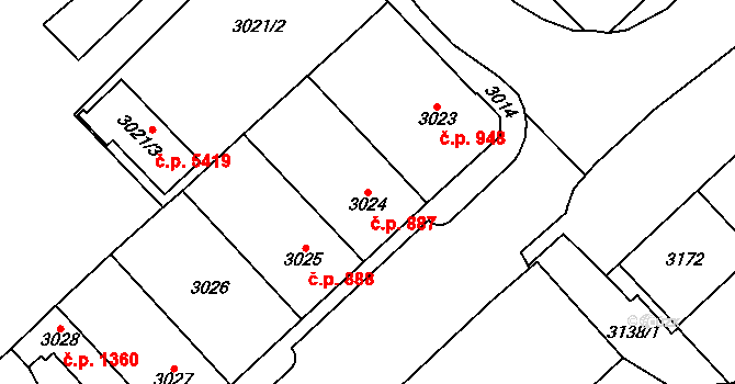Chomutov 887 na parcele st. 3024 v KÚ Chomutov I, Katastrální mapa