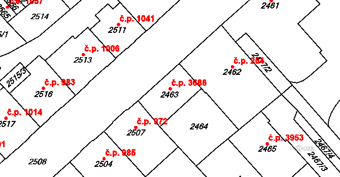 Chomutov 3686 na parcele st. 2463 v KÚ Chomutov I, Katastrální mapa