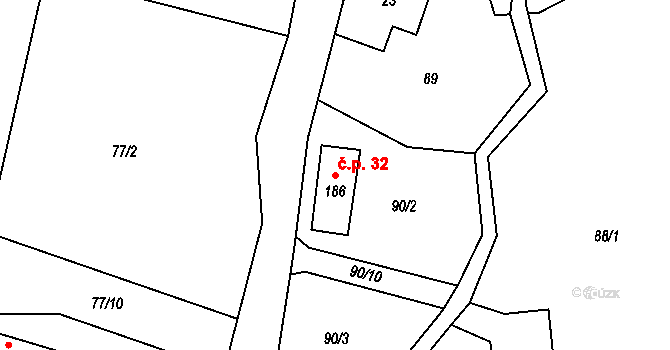 Jiříčkov 32, Světlá pod Ještědem na parcele st. 186 v KÚ Světlá pod Ještědem, Katastrální mapa