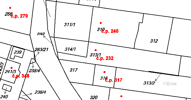 Opatovice 232 na parcele st. 313/1 v KÚ Opatovice u Rajhradu, Katastrální mapa