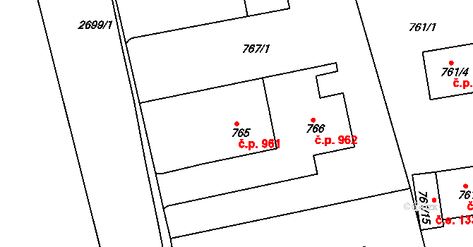 Kuřim 961 na parcele st. 765 v KÚ Kuřim, Katastrální mapa