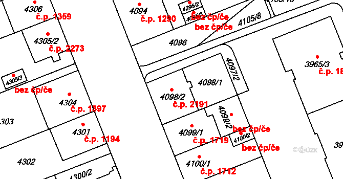 Východní Předměstí 2191, Plzeň na parcele st. 4098/2 v KÚ Plzeň, Katastrální mapa