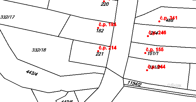 Čebín 214 na parcele st. 221 v KÚ Čebín, Katastrální mapa