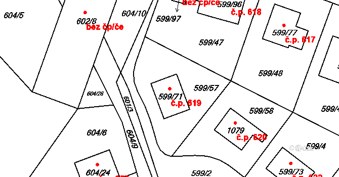 Srubec 619 na parcele st. 599/71 v KÚ Srubec, Katastrální mapa