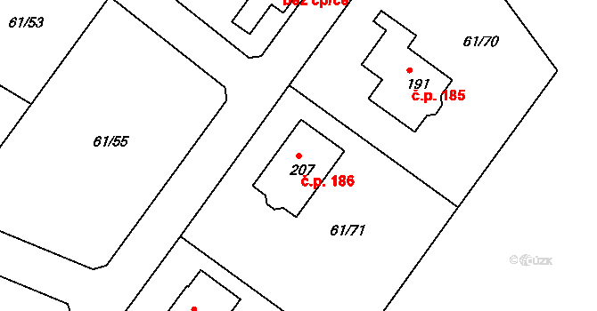 Čakovičky 186 na parcele st. 207 v KÚ Čakovičky, Katastrální mapa