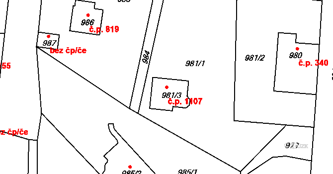 Řevnice 1107 na parcele st. 981/3 v KÚ Řevnice, Katastrální mapa