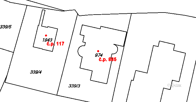 Moravské Budějovice 885 na parcele st. 974 v KÚ Moravské Budějovice, Katastrální mapa