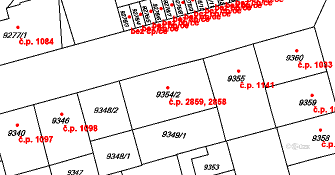 Jižní Předměstí 2858,2859, Plzeň na parcele st. 9354/2 v KÚ Plzeň, Katastrální mapa