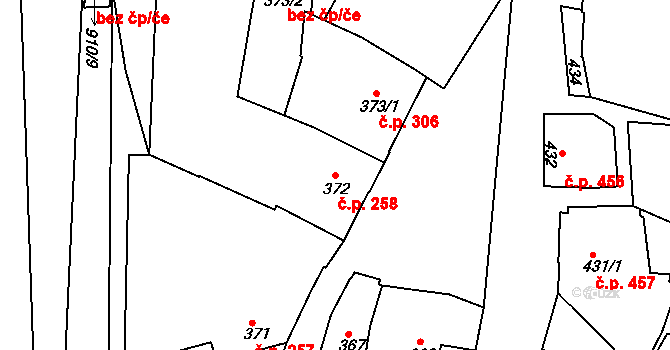 Jemnice 258 na parcele st. 372 v KÚ Jemnice, Katastrální mapa