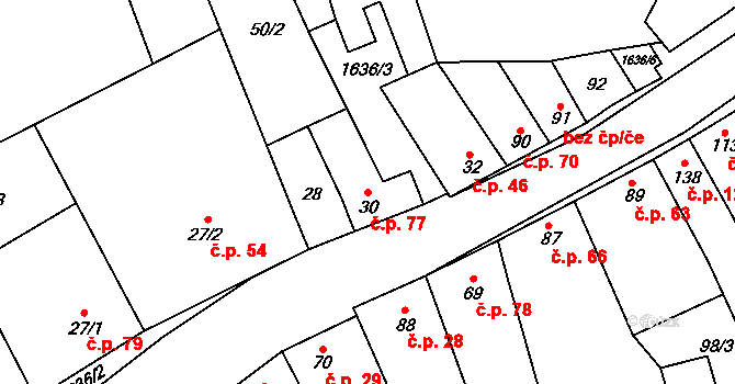Snovídky 77 na parcele st. 30 v KÚ Snovídky, Katastrální mapa