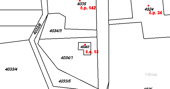 Lískovec 13, Frýdek-Místek na parcele st. 4034/2 v KÚ Lískovec u Frýdku-Místku, Katastrální mapa