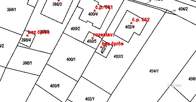 Blučina 43340211 na parcele st. 402/5 v KÚ Blučina, Katastrální mapa