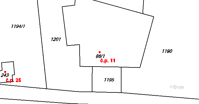 Kolná 11, Brumovice na parcele st. 86/1 v KÚ Úblo, Katastrální mapa