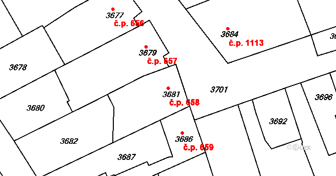Vlčnov 658 na parcele st. 3681 v KÚ Vlčnov, Katastrální mapa