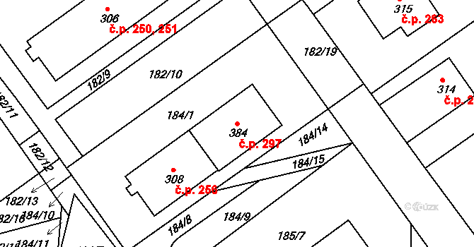 Rosice 297 na parcele st. 384 v KÚ Rosice u Chrasti, Katastrální mapa