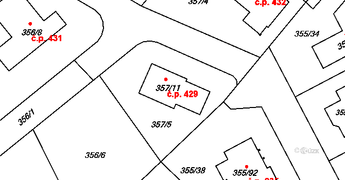 Červený Hrádek 429, Plzeň na parcele st. 357/11 v KÚ Červený Hrádek u Plzně, Katastrální mapa