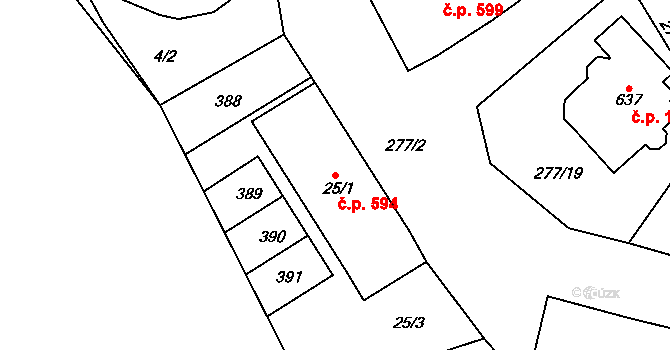 Rudná 594 na parcele st. 25/1 v KÚ Hořelice, Katastrální mapa
