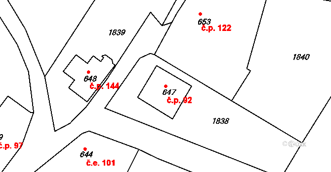 Pila 92, Trhanov na parcele st. 647 v KÚ Trhanov, Katastrální mapa