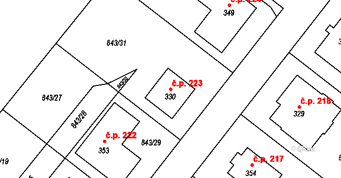 Jakubov u Moravských Budějovic 223 na parcele st. 330 v KÚ Jakubov u Moravských Budějovic, Katastrální mapa