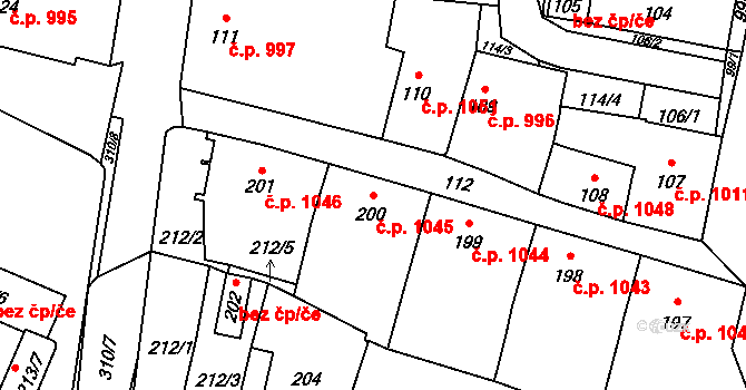 Mohelnice 1045 na parcele st. 200 v KÚ Mohelnice, Katastrální mapa