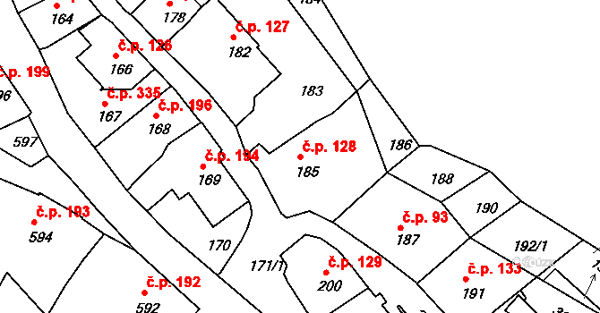 Štramberk 128 na parcele st. 185/1 v KÚ Štramberk, Katastrální mapa
