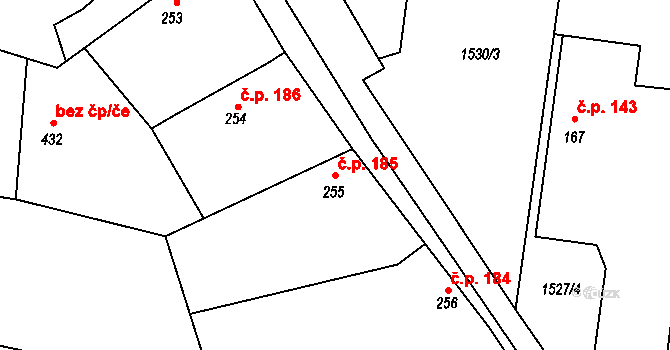 Tísek 185 na parcele st. 255 v KÚ Tísek, Katastrální mapa