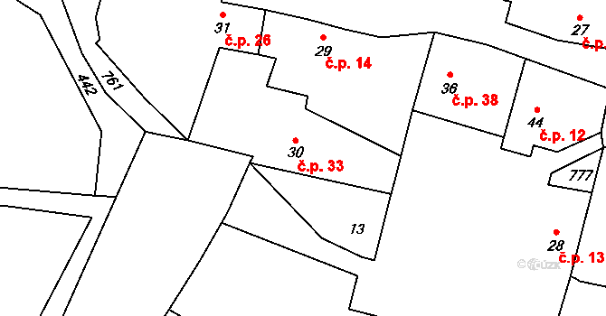 Krušlov 33, Čestice na parcele st. 30 v KÚ Krušlov, Katastrální mapa