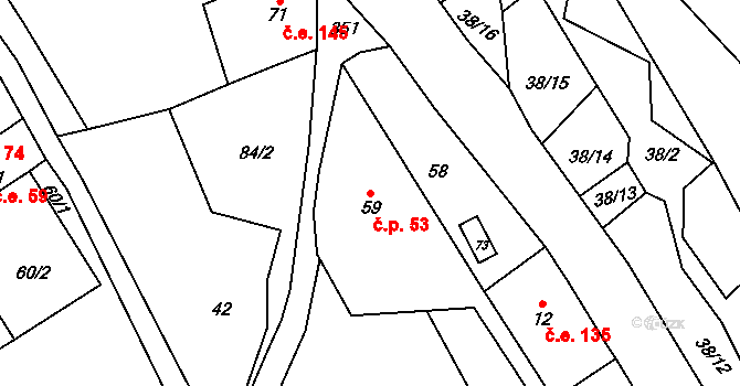 Vykmanov 53, Perštejn na parcele st. 59 v KÚ Vykmanov u Měděnce, Katastrální mapa