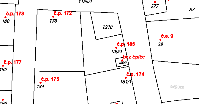 Blšany 185 na parcele st. 190/1 v KÚ Blšany, Katastrální mapa