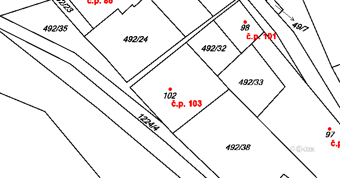 Šlapanov 103 na parcele st. 102 v KÚ Šlapanov, Katastrální mapa