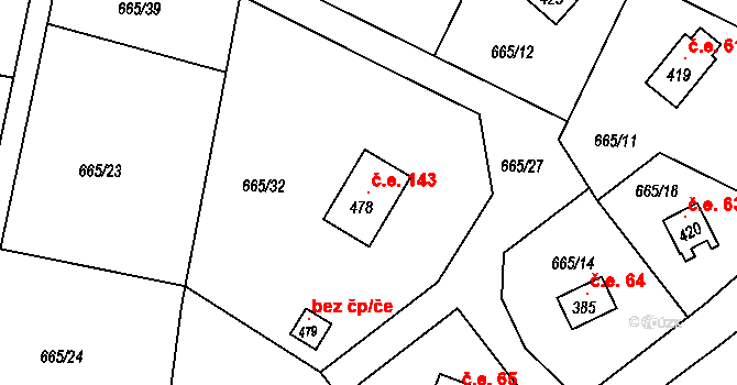 Dobronice u Bechyně 143 na parcele st. 478 v KÚ Dobronice u Bechyně, Katastrální mapa