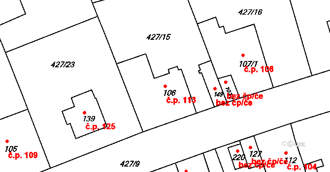 Makotřasy 113 na parcele st. 106 v KÚ Makotřasy, Katastrální mapa