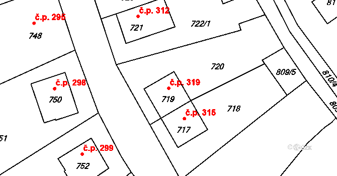 Stonařov 319 na parcele st. 719 v KÚ Stonařov, Katastrální mapa